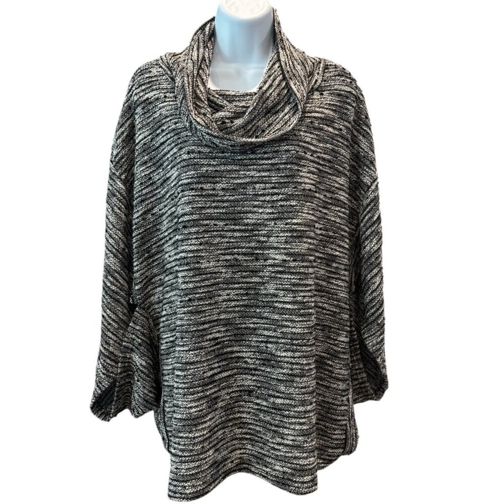Suzanne Betro Simple Plus 1X Cowl Neck Poncho‎ Sweater Black White Cozy Knit